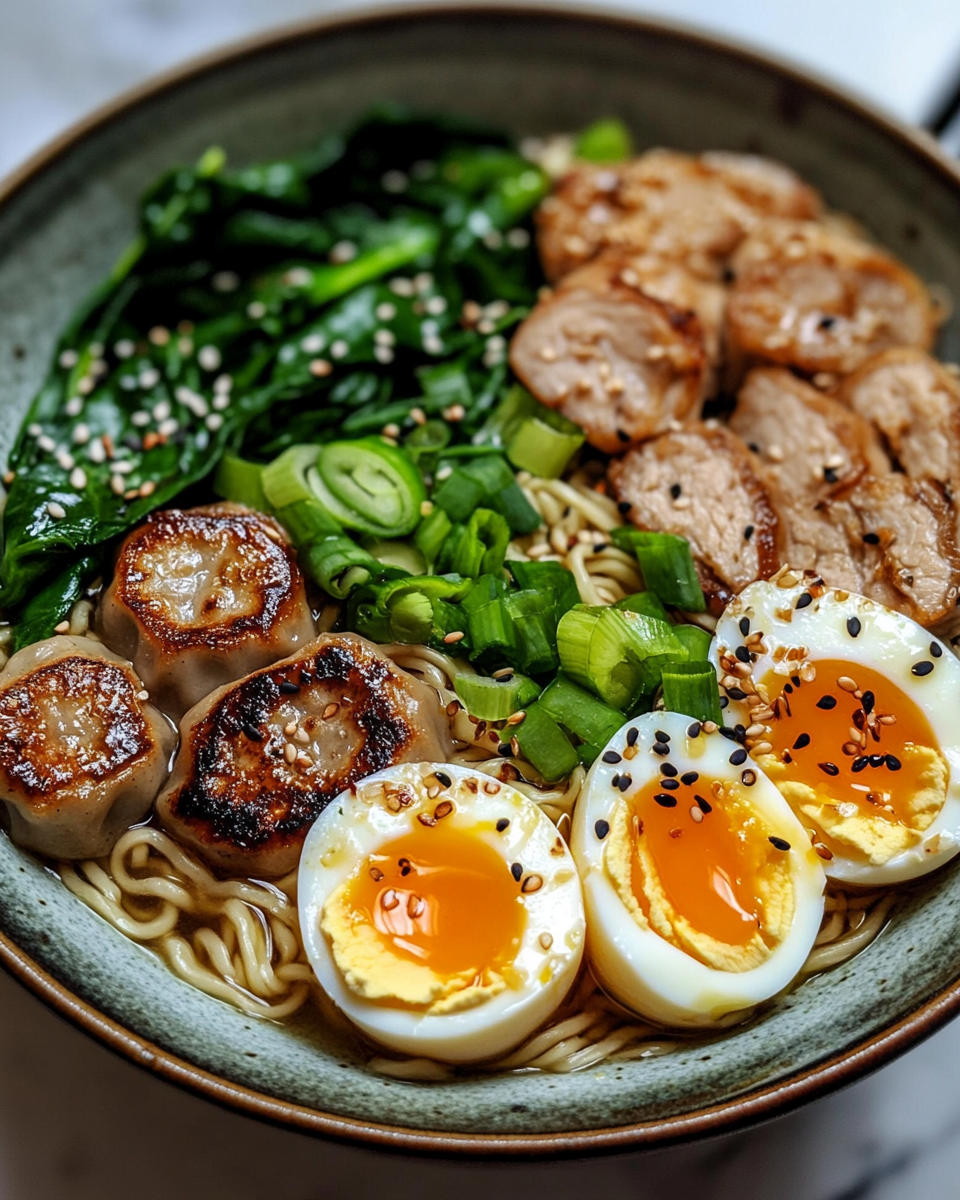 Irresistible Savory Dumpling Ramen Bowl with Soft Boiled Eggs and Fresh Greens Flavor Packed Bliss